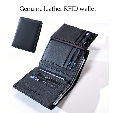 ארנק אנכי לגבר מעור בקר עם רוכסן והגנת RFID